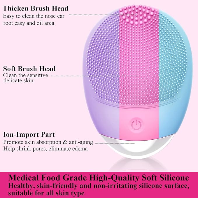 Facial Cleansing Brush, 3-in-1 Electric Soft Silicone Waterproof Face Scrubber, USB Rechargeable IPX7 Waterproof Sonic Vibrating Face Brush for Deep Cleansing, Gentle Exfoliating and Massaging