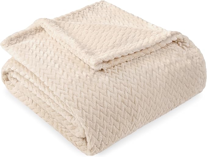 PAVILIA Soft Fleece Ivory Cream Throw Blanket for Couch, Lightweight Plush Warm Blankets for Bed, Fuzzy Cozy Flannel Blanket Throw for Sofa, Travel, Jacquard Pattern, Ivory/Cream, Twin, 60x80 inch