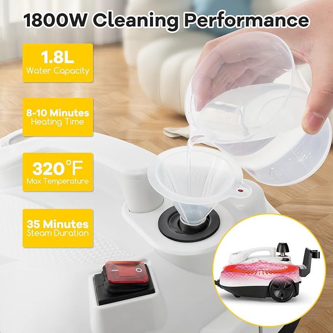 COSTWAY Multi-Purpose Steam Cleaner, Portable Steamer with Trigger Lock, Wheels & 61 OZ Water Tank, 1800W Steam Cleaning Machine for Upholstery, Car, Floor, Grout & Tile, 15 Accessories Included
