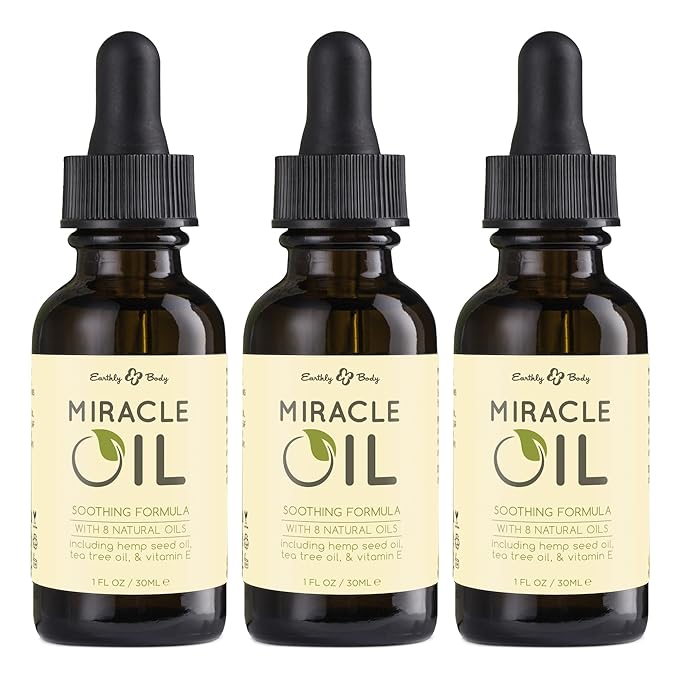Earthly Body Miracle Oil, 1 fl. oz. - 3 Pack - 100% Natural Tea Tree Oil, Hemp Seed Oil & Vitamin E - Moisturizer, Calms Skin Irritations, Helps Smooth Wrinkles - Gluten Free, 100% Vegan