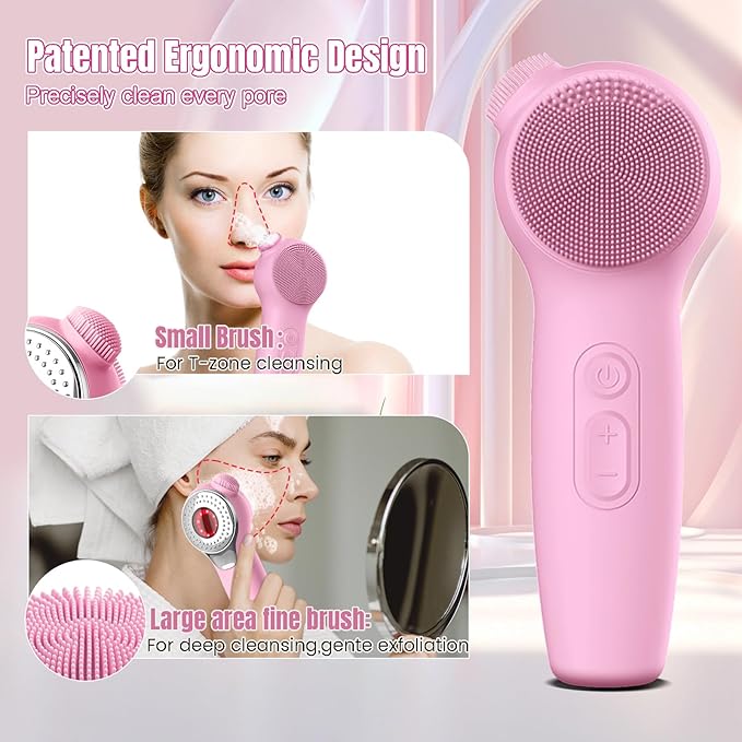 Landmore Silicone Face Scrubber, Waterproof Facial Cleansing Brush with Red Light Thermal Massage, Electric Face Scrubber with Nose Scrubber Exfoliator for Women/Men Deep Cleansing, Power Exfoliating