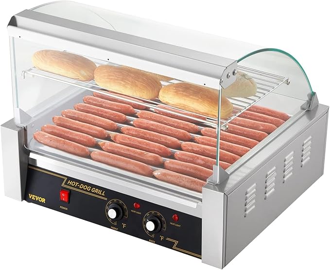 VEVOR Hot Dog Roller, 11 Rollers 30 Hot Dogs Capacity, 1650W Stainless Sausage Grill Cooker Machine with Dual Temp Control Glass Hood Acrylic Cover Bun Warmer Shelf Removable Drip Tray, ETL Certified