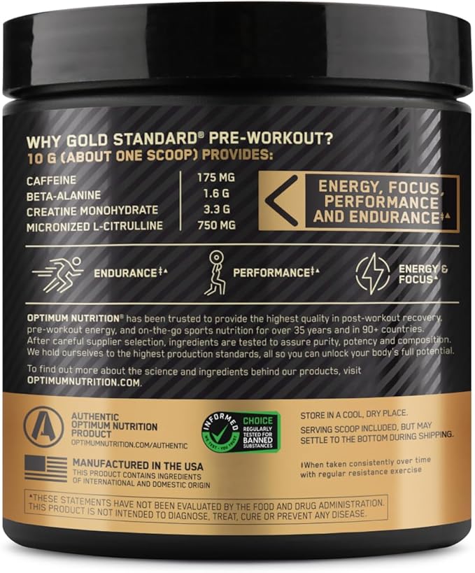 OPTIMUM NUTRITION Gold Standard Pre-Workout with Creatine, Beta-Alanine, and Caffeine for Energy, Flavor: Fruit Punch, 30 Servings