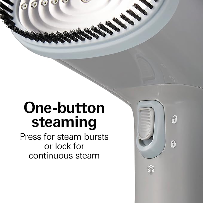 Hamilton Beach Handheld Garment Steamer for Clothes, Fabric and Drapes,1200 Watts, 400ml Water Tank, 20 Minutes of Continuous Steam, Vacation Essentials, Gray & Blue (11557)