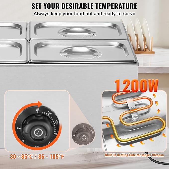 VEVOR 4-Pan Commercial Food Warmer, 15.9QT Electric Steam Table, 1200W Professional Countertop Stainless Steel Buffet Bain Marie with 86-185°F Temp Control for Catering and Restaurants, Silver