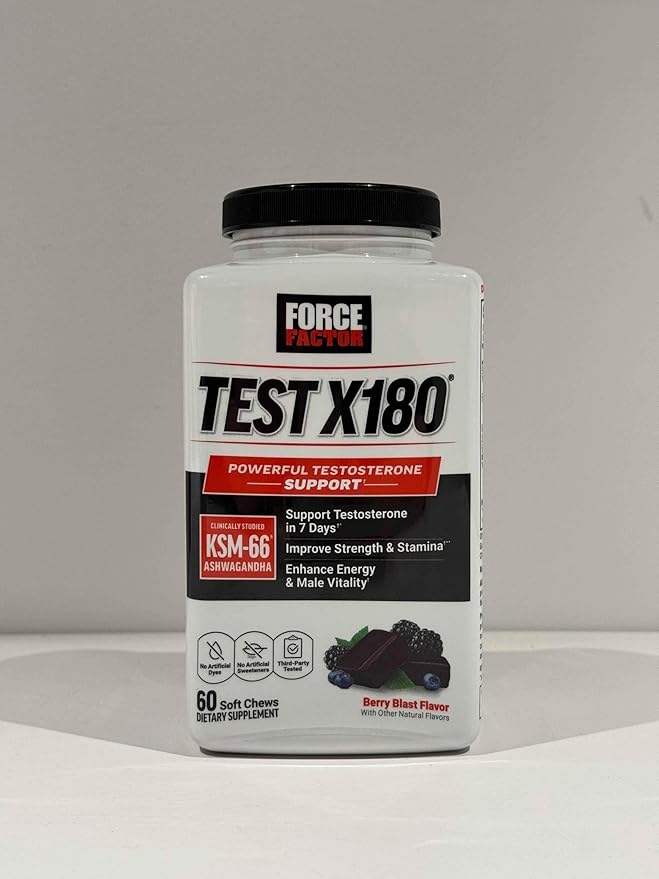 FORCE FACTOR Test X180, Testosterone Support for Men with Clinically Studied KSM-66 Ashwagandha, Boron, Vitamin D & Zinc, Support Testosterone & Performance, Berry Blast, 60 Soft Chews