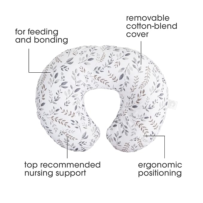 Boppy Original Nursing Pillow, Gray Taupe Leaves, Ergonomic Nursing Essentials for Bottle and Breastfeeding, Firm Fiber Fill, with Removable Pillow Cover, Machine Washable
