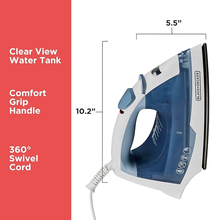 BLACK+DECKER Easy Steam Compact Iron for Clothes, Automatic Shutoff, Nonstick Plate, Light Weight, 1200 Watts