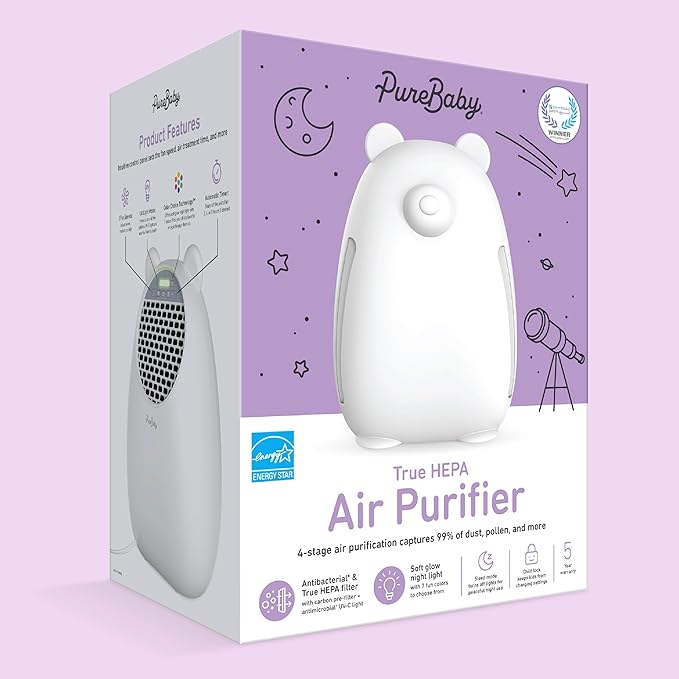 Pure Enrichment PureBaby Kids Bear Air True HEPA Air Purifier - Energy Star Rated, 4 Stage Air Filtration, UV-C Light, and Night Light for Medium-Large Rooms - Baby Nurseries, Kid Bedrooms (White)