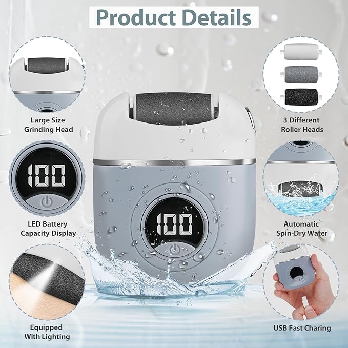Automatic Callus Remover for Feet, Rechargeable Pedicure Tools for Feet, Electric Foot Callus Remover with 3 Roller Heads 2 Speed, Waterproof Foot File Perfect for Dead Hard Cracked Dry Skin
