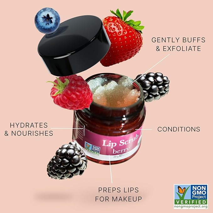 Lip Scrub Berry - USA Made Sugar Lip Scrubber Exfoliator with Natural & Organic Ingredients