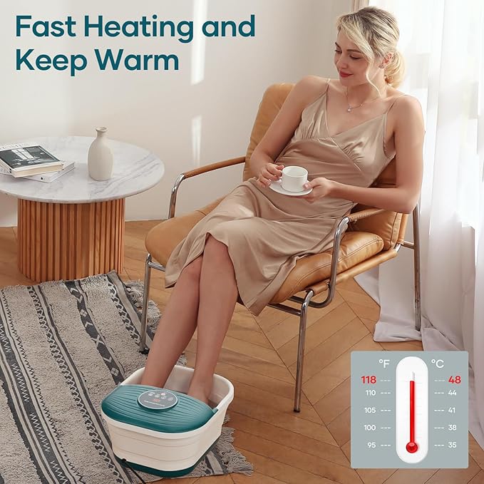 CURECURE Collapsible Foot Spa Bath Massager with Heat, Bubble and Timer, 95-118℉ Adjustable Temperature Fast Heating with Pedicure Stone and Massage Rollers for Feet Stress Relief at Home
