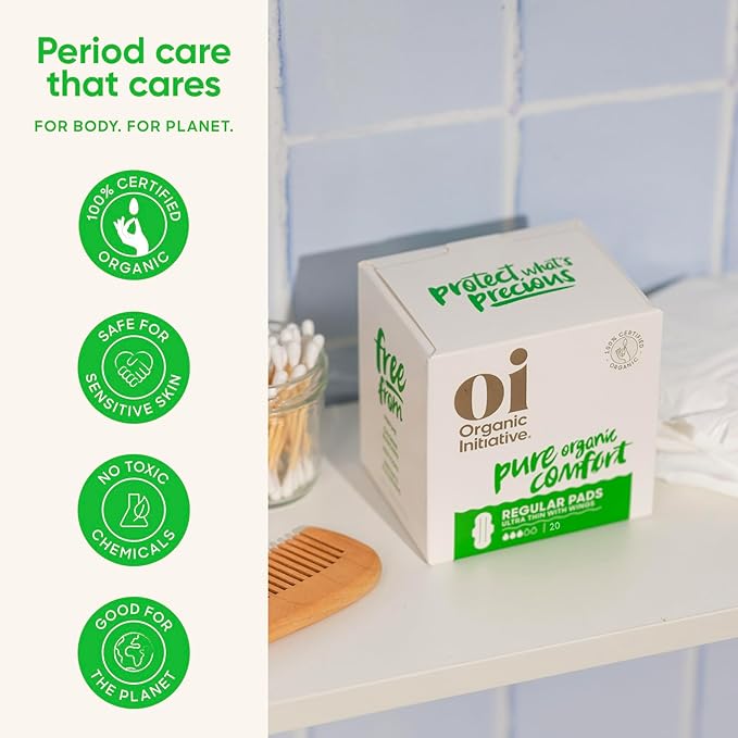 Oi | Organic Initiative - Ultra-Thin Pads with Wings | 100% Certified Organic Cotton, Unscented | Leak Free, Biodegradable | Non-GMO, Toxin Free (Regular, 20, Count)