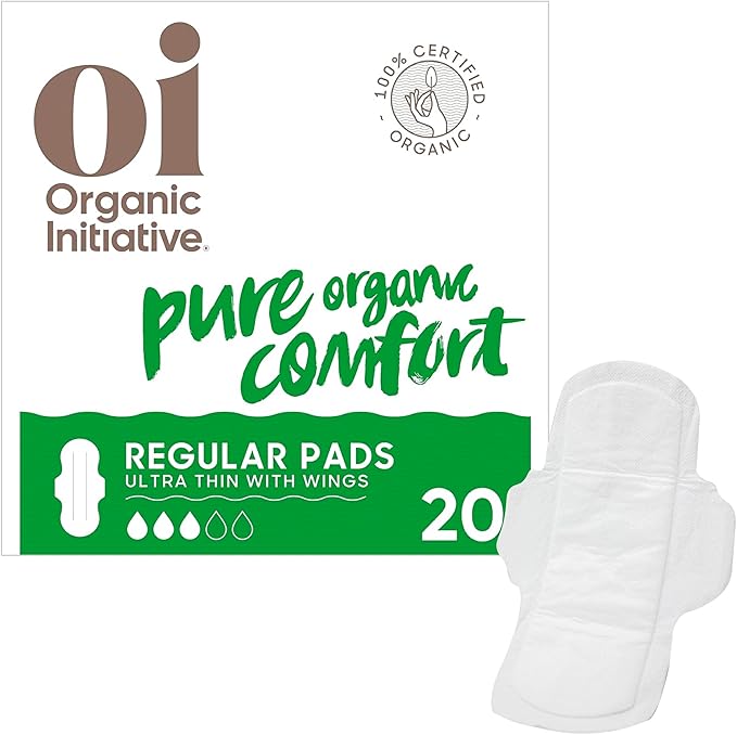 Oi | Organic Initiative - Ultra-Thin Pads with Wings | 100% Certified Organic Cotton, Unscented | Leak Free, Biodegradable | Non-GMO, Toxin Free (Regular, 20, Count)
