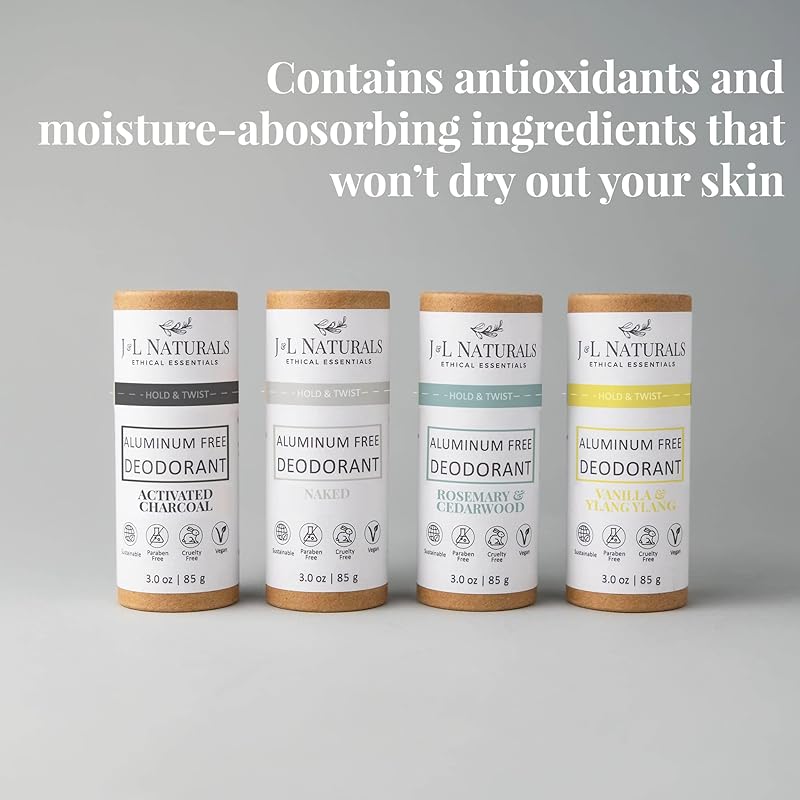 J&L Naturals Aluminum Free Deodorant for Men & Women | 100% Natural Ingredients With Coconut Oil, Shea Butter, & Essential Oils | Sustainable, Eco-Friendly (Unscented & Woody, 3.0 Oz (Pack of 4))