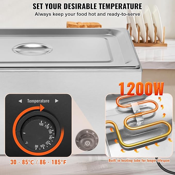 VEVOR Commercial Food Warmer, 1 Pan Electric Steam Table, 1200W Professional Countertop Stainless Steel Buffet Bain Marie with 86-185°F Temp Control for Catering and Restaurants, Silver
