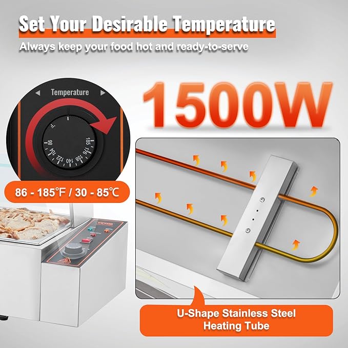 VEVOR 4-Pan Commercial Food Warmer, 4 x 12QT Electric Steam Table with Glass Cover, 1500W Countertop Stainless Steel Buffet Bain Marie 86-185°F Temp Control for Catering, Restaurants, Silver