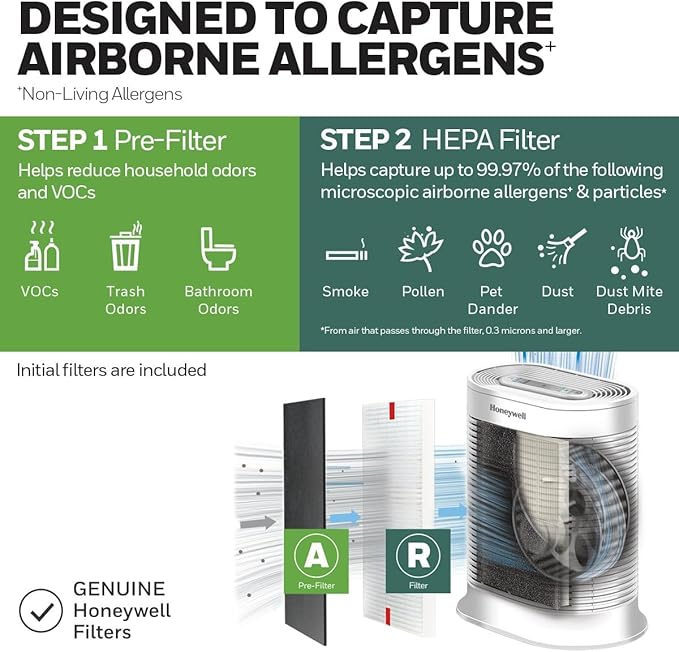 Honeywell AllergenPlus HEPA Air Purifier, Airborne Allergen Reducer for Medium Rooms, Reduces Allergens, Smoke, Wildfire Smoke, Pollen, Pet Dander and More, White, HPA104