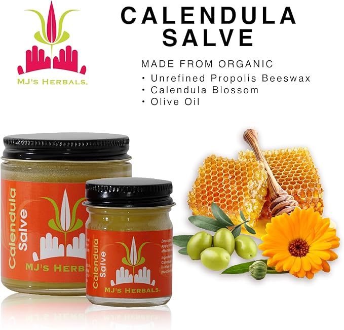 MJ’s Herbals Calendula Salve - Skin Soothing Balm, Eczema Cream, Diaper Rash, Scars, Bug Bites, Made w/Calendula Blossoms & Propolis Beeswax (1 oz)