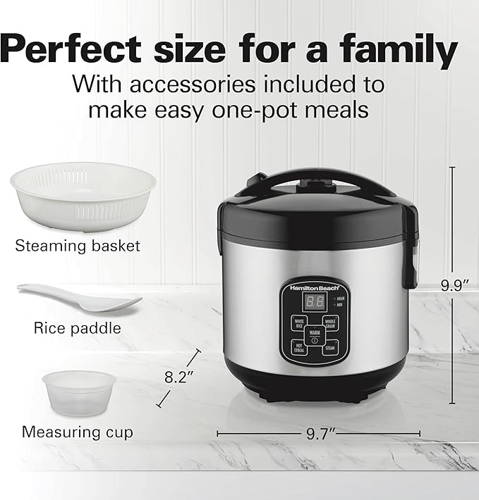 Hamilton Beach Digital Programmable Rice Cooker & Food Steamer & Portable 6 Quart Set & Forget Digital Programmable Slow Cooker Lock, Dishwasher Safe Crock & Lid, Temperature Probe, Stainless Steel