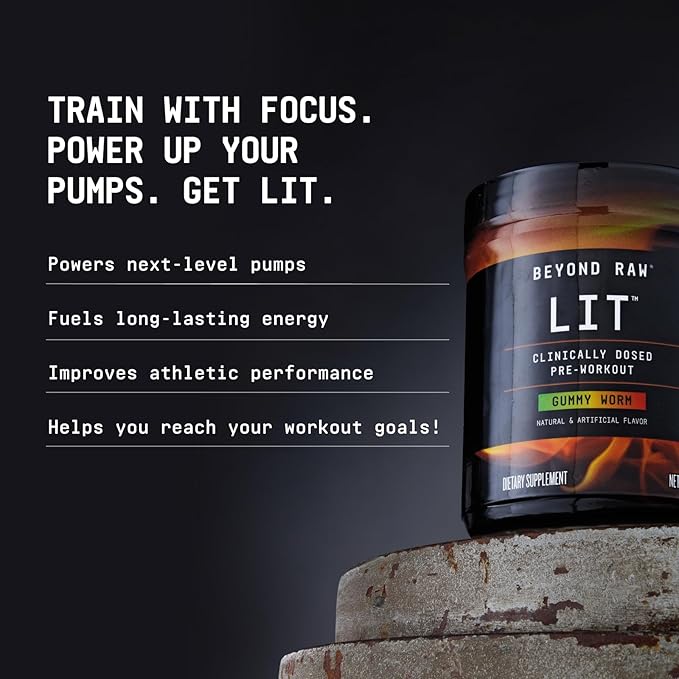 Beyond Raw LIT PreWorkout Powder Supplement For Men and Women, Energy, Focus, Endurance, Pumps, Nitric Oxide Boost, 250mg Caffeine, Creatine, Beta Alanine, Fruit Punch, 30 Servings