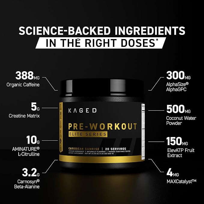 Kaged Pre Workout Powder Pre-Workout Elite for Men & Women, High Stimulant for Energy, Focus, Pumps, L-Citrulline, Beta Alanine, Creatine & 388mg of Organic Caffeine, Strawberry Lemonade