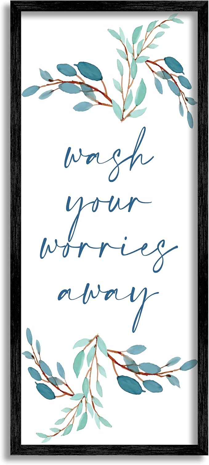 Stupell Industries Wash Your Worries Away Bathroom Phrase Blue Plants, Designed by Kim Allen Black Framed Wall Art, 13 x 30