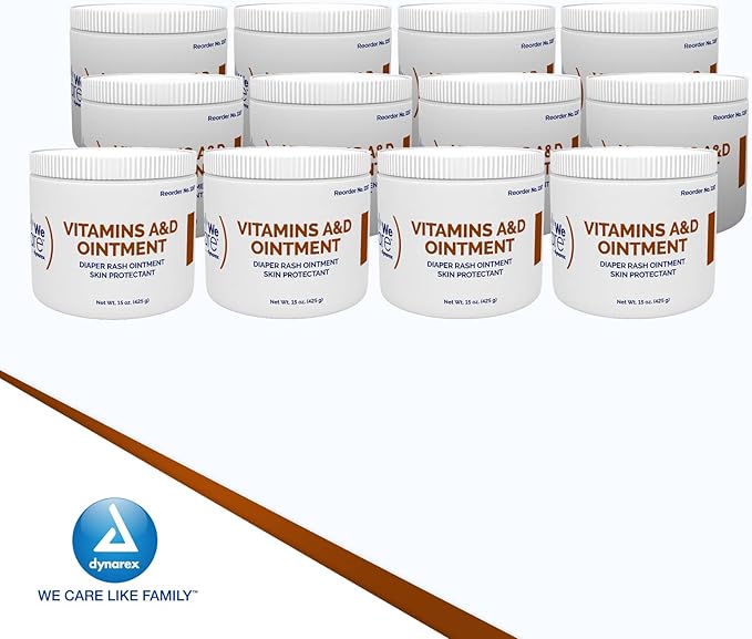 Dynarex Vitamins A & D Ointment, Ointment with Vitamin A and Vitamin D Helps Prevent & Treat Skin Irritation, Diaper Rash, White, 15 Ounce (Pack of 12)