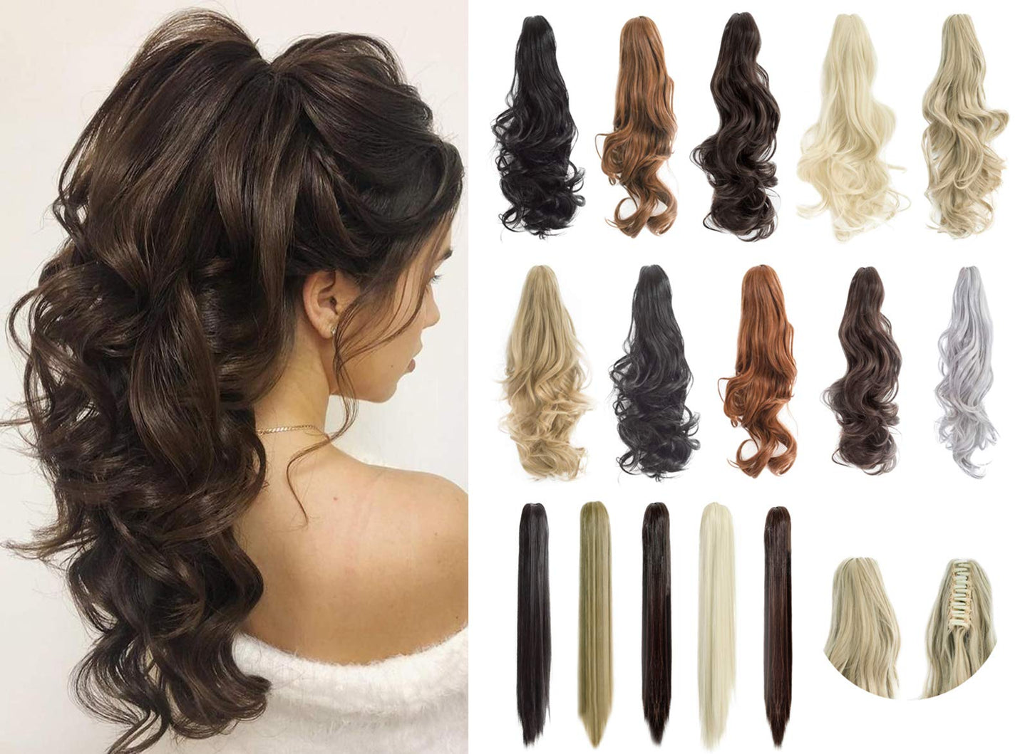 FELENDY Ponytail Extension Claw 18" 20" Curly Wavy Straight Clip in Hairpiece One Piece A Jaw Long Pony Tails for Women Dark Brown Mix Light Auburn