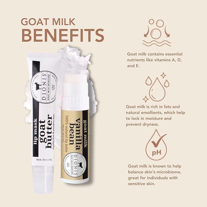 Dionis Goat Milk Lip Care Set – Original Sugar Lip Scrub & Overnight Mask + Vanilla Bean Overnight Lip Mask & Balm Duo for Deep Hydration and Chapped Lip Repair