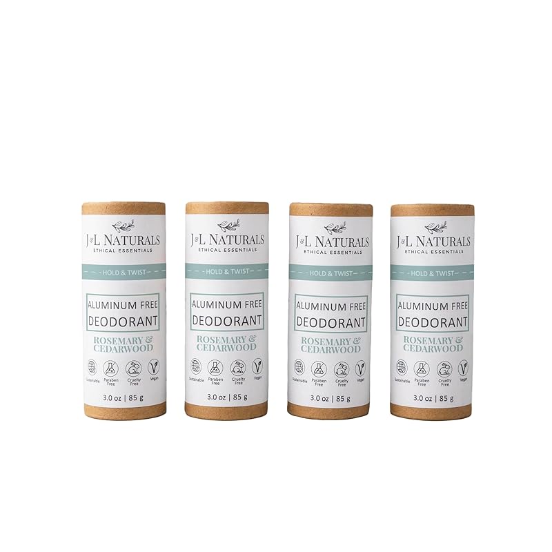 J&L Naturals Aluminum Free Deodorant for Men & Women | 100% Natural Ingredients With Coconut Oil, Shea Butter, & Essential Oils | Sustainable, Eco-Friendly (Rosemary & Cedarwood, 3.0 Oz (Pack of 4))