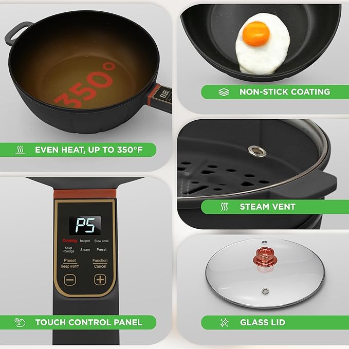 Nutrichef 4L Electric Frying Pan & 4L Steamer | Multifunctional Portable 1000W Non-Stick Pot for Cooking | Durable Heat Safe Handle | Touch Control Panel | Electric Hot Pot | Black