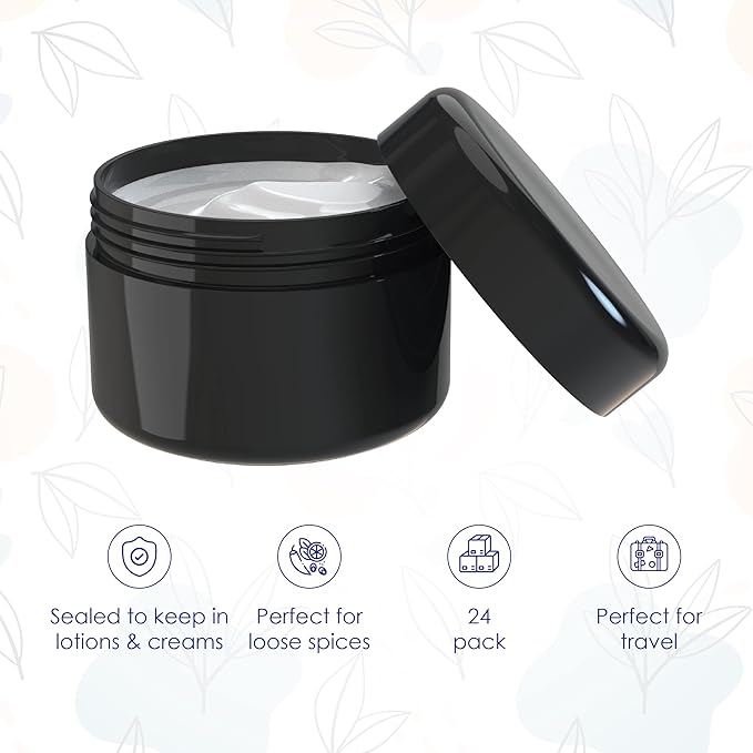 Black Jars, Cosmetic Containers With Lids, 2 Oz Jars With Lids, Body Butter Containers, For Lotion, Cream, Salve, Makeup, Powder, Travel, Body Scrub, Lip Scrub, Lip Balm, Beauty, Small, Empty, 24 Pack