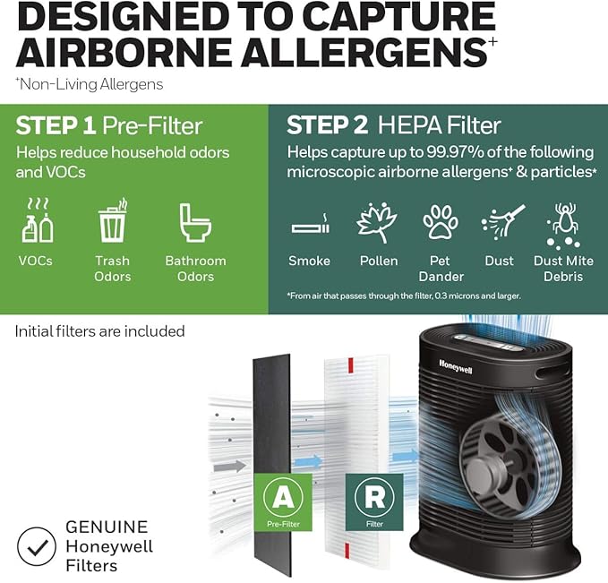 Honeywell AllergenPlus HEPA Air Purifier, Airborne Allergen Reducer for Large Rooms, Reduces Allergens, Smoke, Wildfire Smoke, Pollen, Pet Dander and More, Black, HPA200