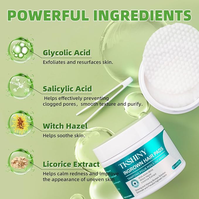 Ingrown Treatment Hair Pads, Ingrown Treatment Pads with AHA+BHA, Ingrown Hair Wipes For Bikini Area, Razor Bumps, Underarm , Exfoliate Skin,Ingrown Hair Serum for Face, Neck, 50 Pads
