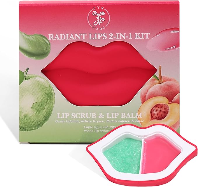 Lip Care Kit – 2-in-1 Lip Scrub and Lip Balm Set – Apple Lip Exfoliator and Peach Lip Balm Hydrating – Complete Set for Gentle Exfoliation and Moisturizing