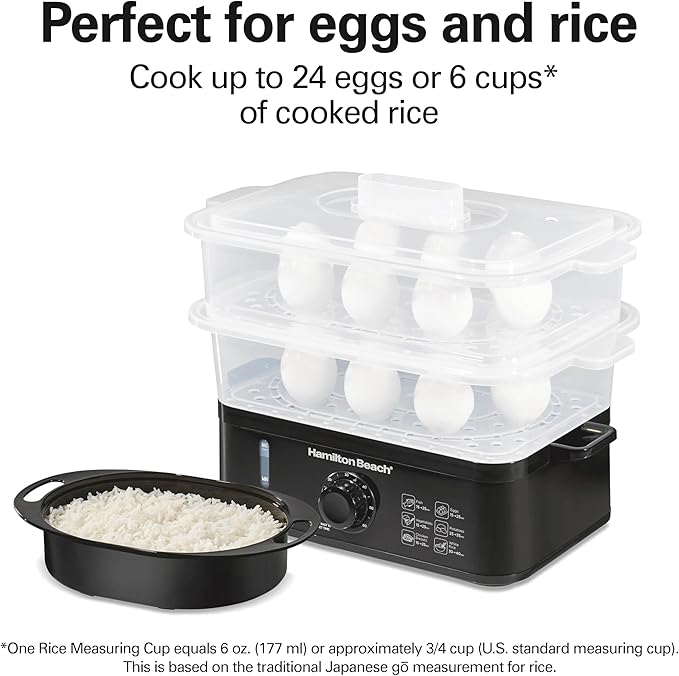 Hamilton Beach Electric Food Steamer, Rice Cooker & Egg Boiler for Quick, Fast Healthy Cooking with Stackable Three-Tier Bowls for Vegetables and Seafood, 9.5 Quarts, Black (37430)