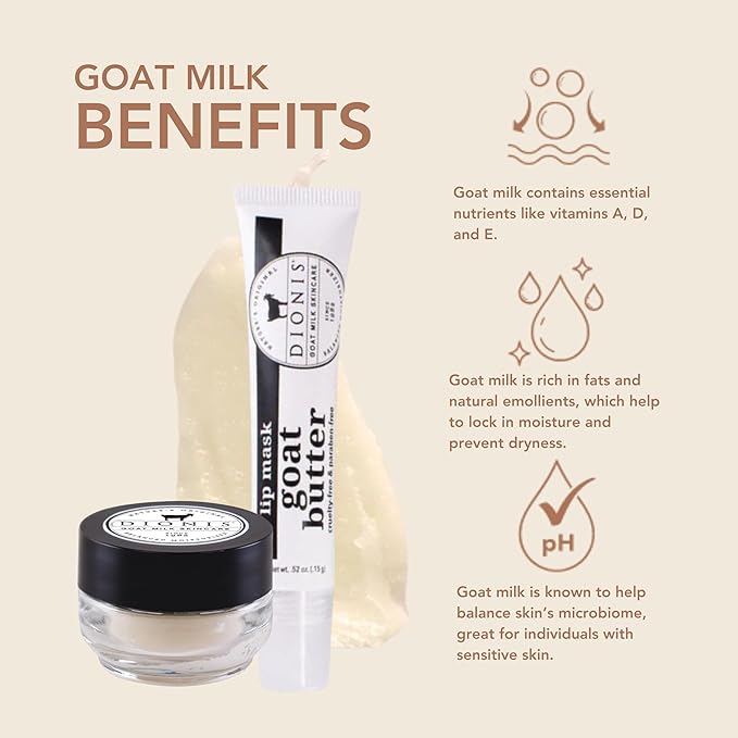 Dionis Goat Milk Lip Care Duo – Original Sugar Scrub & Overnight Mask + Creamy Coconut Overnight Lip Mask & Balm Kit for Nourished, Moisturized Lips