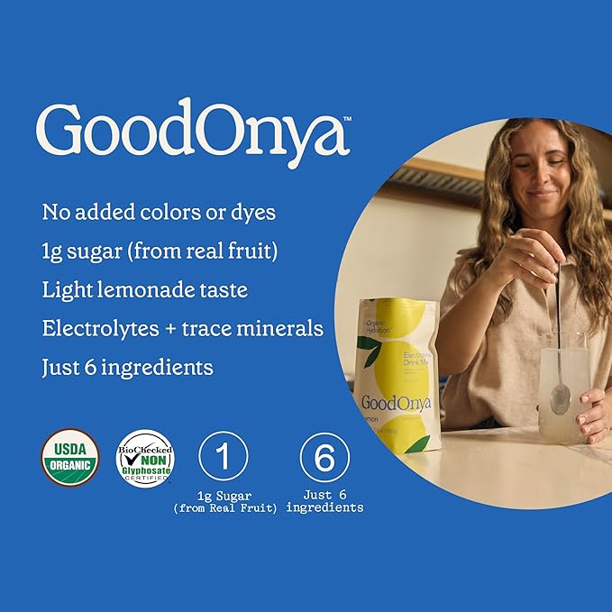 GOODONYA Organic Hydration Electrolyte Drink Mix, Certified Organic Hydration Powder, Non-GMO, Biochecked Glyphosate Free, Low Sugar, Lemonade Flavor, No Artificial Flavors, 6 Servings