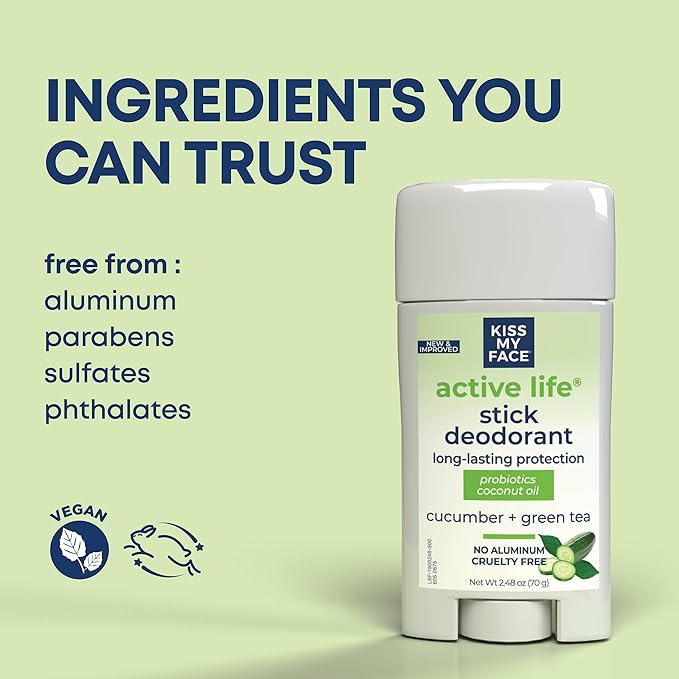 Kiss My Face Active Life Deodorant Contains Naturally Derived Ingredients, 72 Hour Odor Control | For Women and Men, Aluminum Free with Coconut Oil and Probiotics, Cucumber and Green Tea Scent