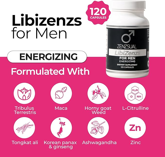 ZENZSUAL LibiZenzs Men - Natural Dietary Supplement Blend with Ginseng, Maca Root, Ashwagandha - Increases Testosterone Levels - Gluten Free (120 Capsules)
