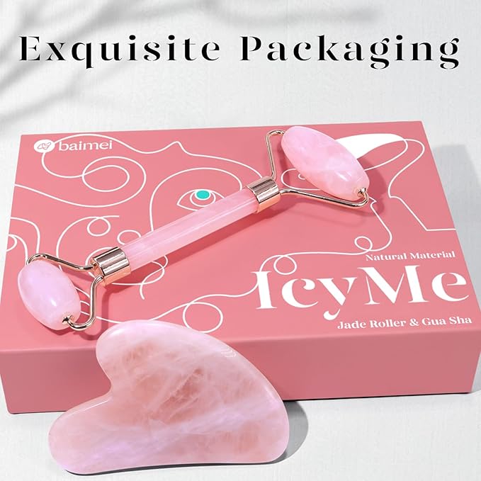 BAIMEI 2 Gua Sha Stones & 1 Rose Quartz Facial Roller Massage Set Skincare Tools