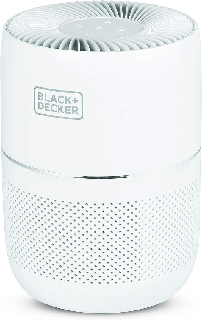 BLACK+DECKER Tabletop Air Purifier, HEPA Air Purifier for Rooms Up To 435 Sq. Ft. per 5 Air Changes, 3-Stage Filtration System with Carbon Filter, ENERGY STAR Certified, BAPT01, White
