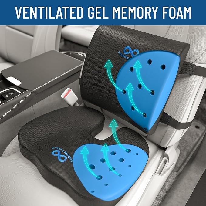 Everlasting Comfort Gel Infused Lumbar Support Pillow with Seat Bundle for Car - Car Seat Cushions for Driving, Work- Designed for Comfort