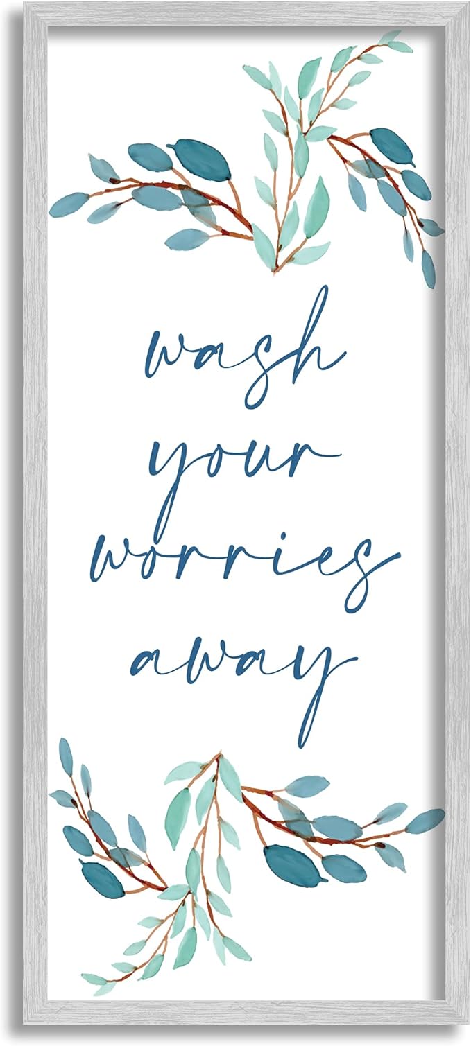 Stupell Industries Wash Your Worries Away Bathroom Phrase Blue Plants, Designed by Kim Allen Gray Framed Wall Art, 10 x 24