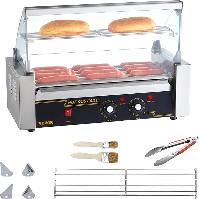 VEVOR Hot Dog Roller 5 Rollers 12 Hot Dogs Capacity, 750W Stainless Sausage Grill Cooker Machine with Dual Temp Control Glass Hood Acrylic Cover Bun Warmer Shelf Removable Oil Drip Tray ETL Certified