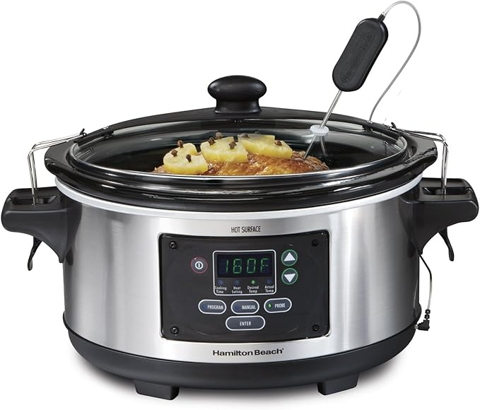 Hamilton Beach Digital Programmable Rice Cooker & Food Steamer & Portable 6 Quart Set & Forget Digital Programmable Slow Cooker Lock, Dishwasher Safe Crock & Lid, Temperature Probe, Stainless Steel