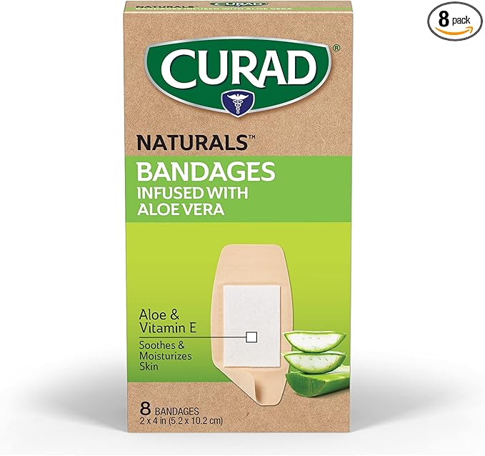 CURAD Naturals Ale Vera & Vitamin E Bandages 2" x 4", Individually Wrapped Sterile Bandages, First Aid Kit Essential, Protects Scrapes and Cuts, Absorbent and Self-Adhesive, 8 - Count Box