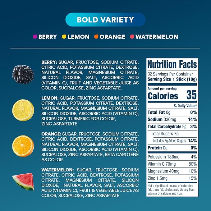 DripDrop Hydration Packets - Bold Variety Pack - Single Serve Electrolytes Powder Drink Mix - Watermelon, Berry, Lemon, Orange - Non-GMO, Gluten Free, Vegan - 192 Sticks
