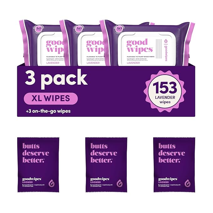goodwipes Flushable Butt Wipes - Extra Large Adult Wet Wipes For Women & Men - Bathroom Essentials - Sewer & Septic Safe - Lavender, 153 Count (3 Packs + 3 Individually Wrapped)